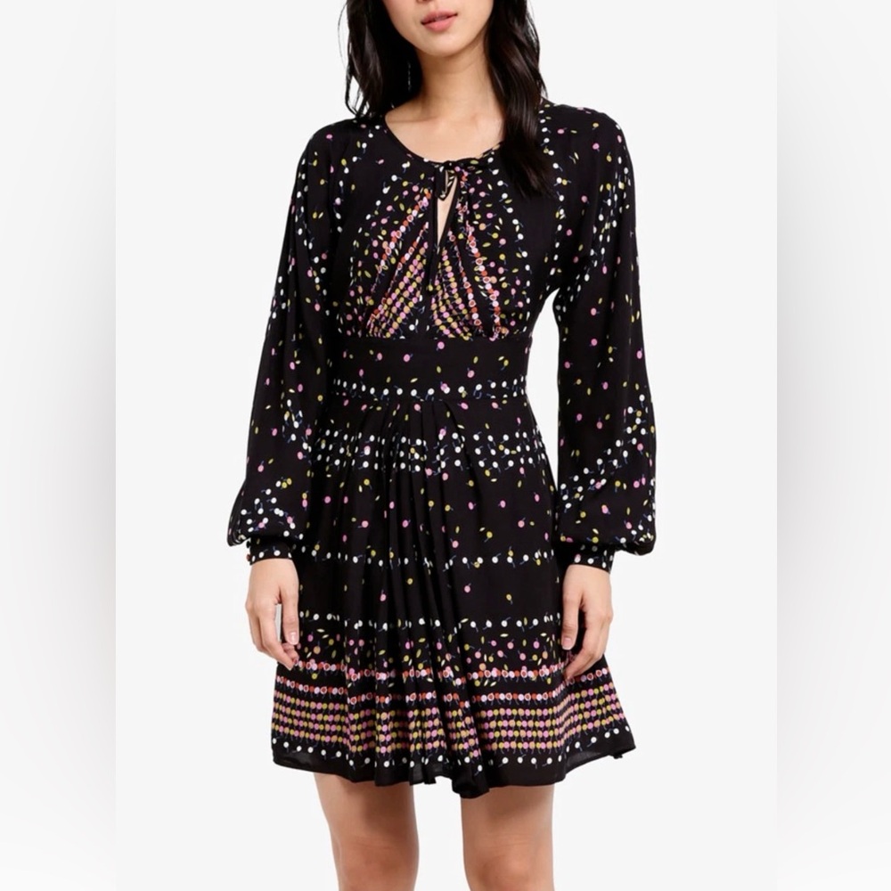 Free People Coryn Boho Long Sleeve Printed Mini Dress Black Size 6 Festival